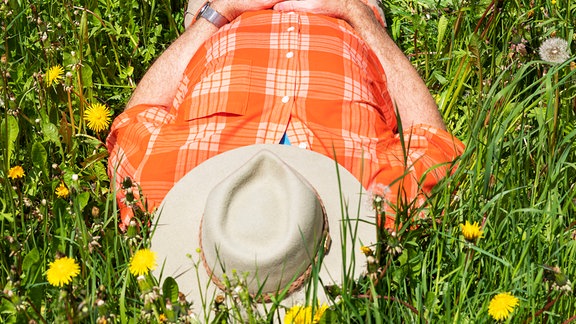 Mann relaxt in der Sonne auf einer Wiese