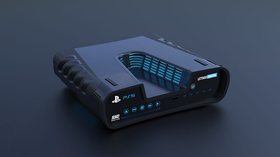 So könnte die PlayStation 5 aussehen: Schwarzer Kasten mit einer Art "Nackenkissen" oben drauf, ebenfalls schwarz. Mögliche blaue Lichteffekte.